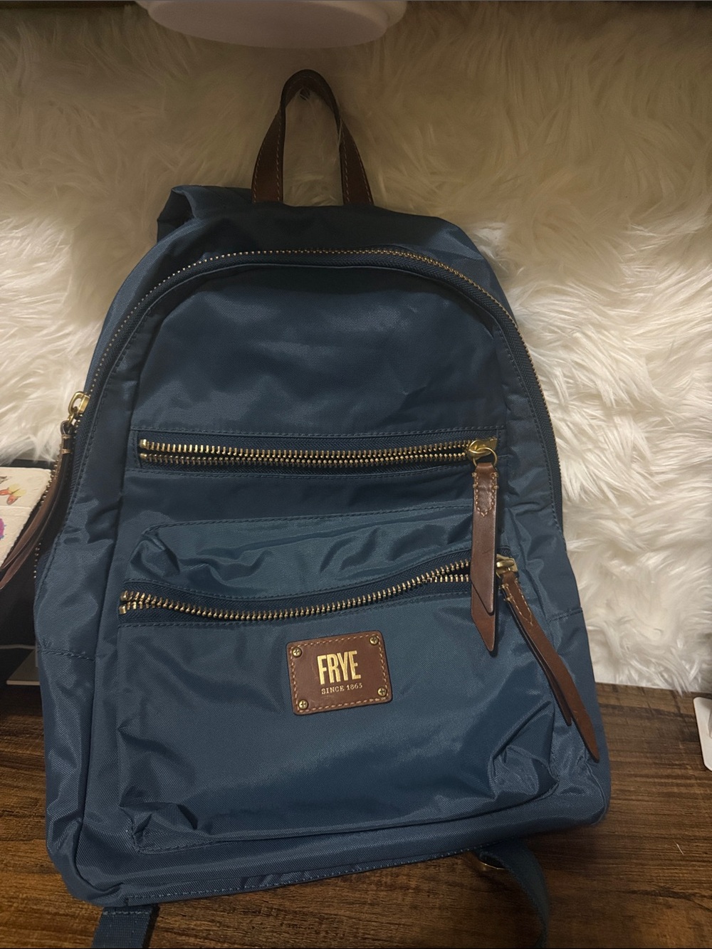 Frye Teal Blue Nylon Backpack with Brown Leather Trim